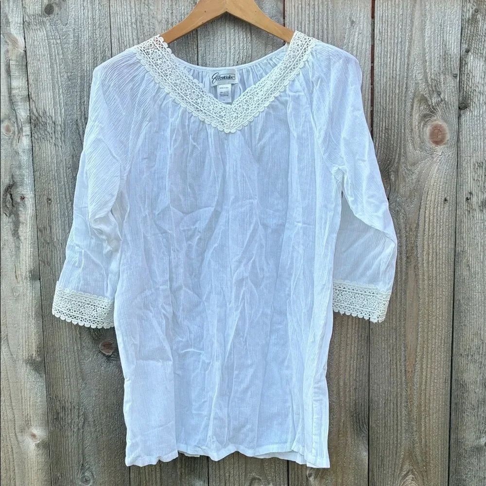 Easy Essentials Cotton Embroidered Lace White Blouse Top